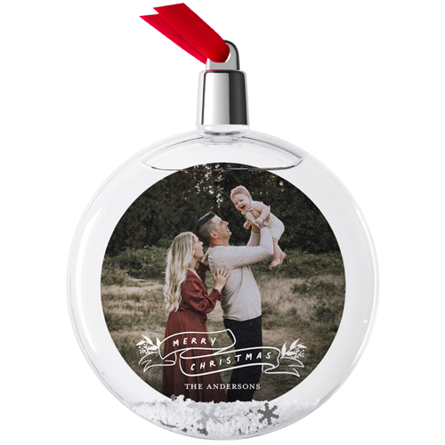 Christmas Ribbon Snow Globe Ornament, White, Circle