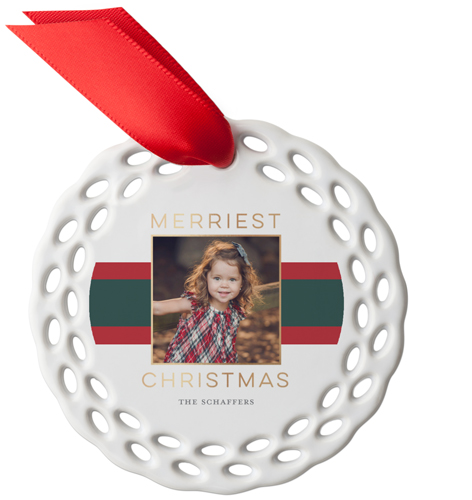Contemporary Christmas Ribbon Ceramic Ornament, White, Circle