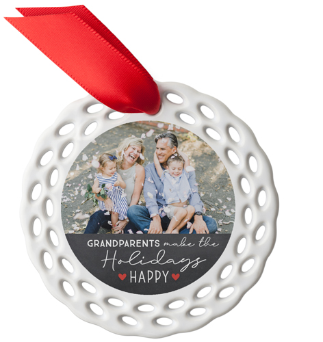 Happy Heart Holiday Ceramic Ornament, Gray, Circle