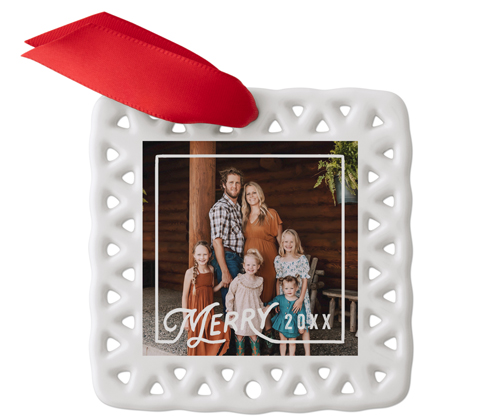 Vintage Merry Type Ceramic Ornament, White, Square, white