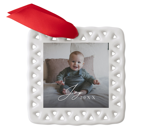 Joy Script Ceramic Ornament, White, Square Ornament