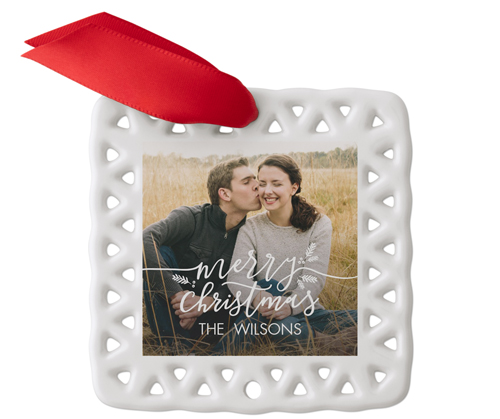 Merry Christmas Holly Ceramic Ornament, White, Square