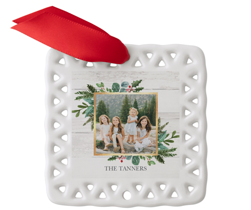 Botanical Corner Ceramic Ornament, White, Square Ornament