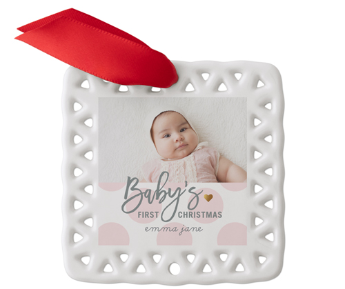 Baby's First Christmas Dots Ceramic Ornament, Pink, Square