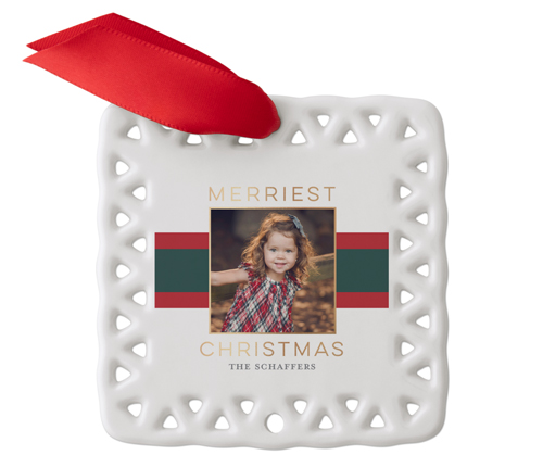 Contemporary Christmas Ribbon Ceramic Ornament, White, Square Ornament