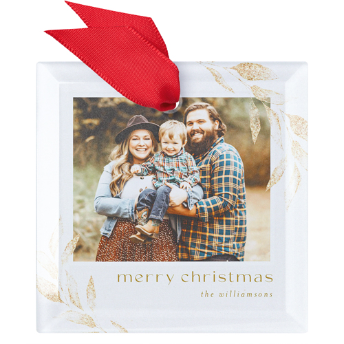 Golden Leaves Glass Ornament, White, Square
