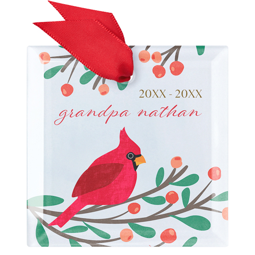 Christmas Memorial Cardinal Glass Ornament, Blue, Square