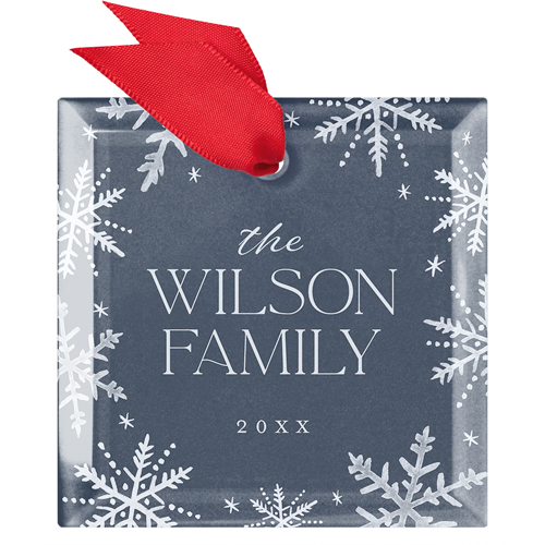 Snowflake Family Name Glass Ornament, Black, Square