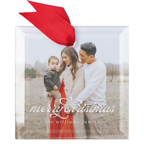 Charming Christmas Script Glass Ornament, White, Square, white