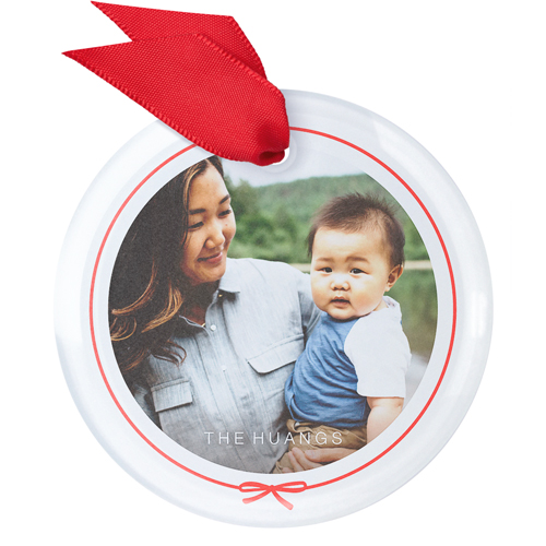 Bow Border Glass Ornament, White, Circle