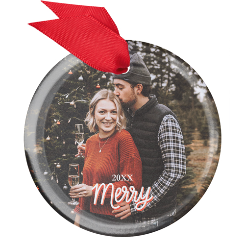 Merry Year Glass Ornament, Beige, Circle
