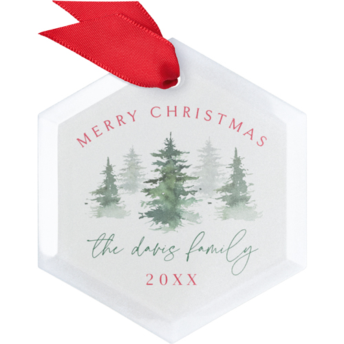 Evergreen Trees Family Name Glass Ornament, Red, Hexagon Ornament