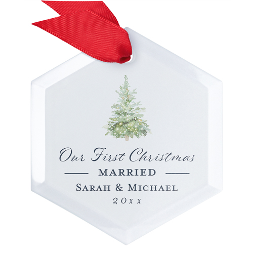 First Married Christmas Glass Ornament, Green, Hexagon
