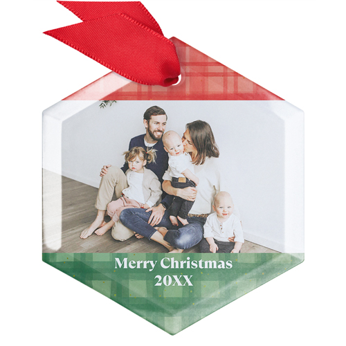 Colorblock Plaid Glass Ornament, White, Hexagon