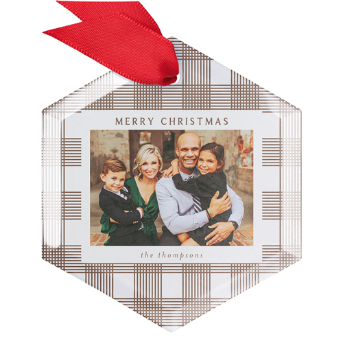 Modern Plaid Glass Ornament, Brown, Hexagon, taupe