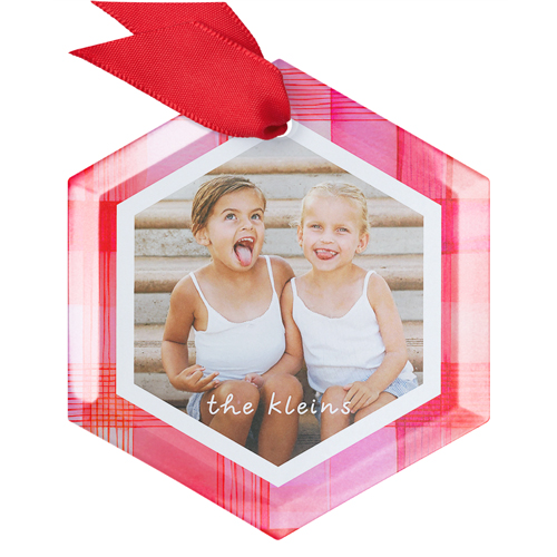 Ribbon Candy Plaid Glass Ornament, Red, Hexagon, red