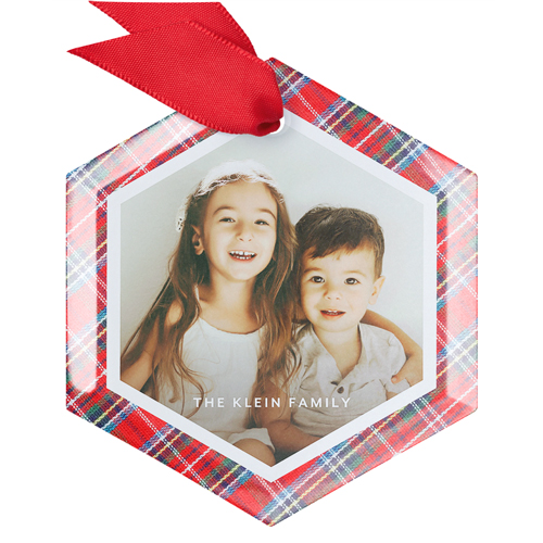 Merry Plaid Glass Ornament, Red, Hexagon, red