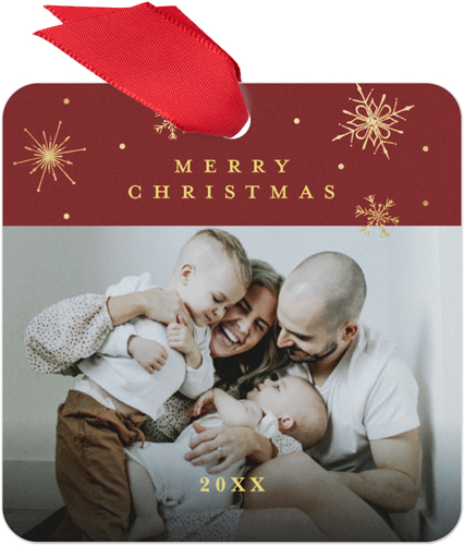 Dotted Snowflakes Metal Ornament, Red, Square, scarlet