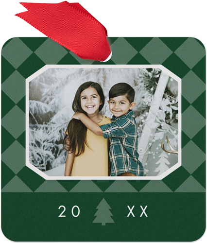Checkered Tree Metal Ornament, Green, Square
