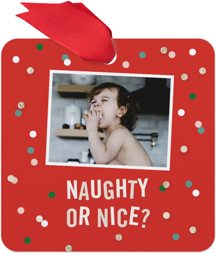 Confetti Naughty or Nice Metal Ornament, White, Square, white