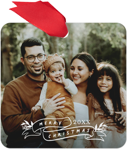 Christmas Ribbon Metal Ornament, White, Square, white