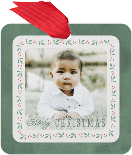 Mistletoe Border Metal Ornament, Green, Square, forest