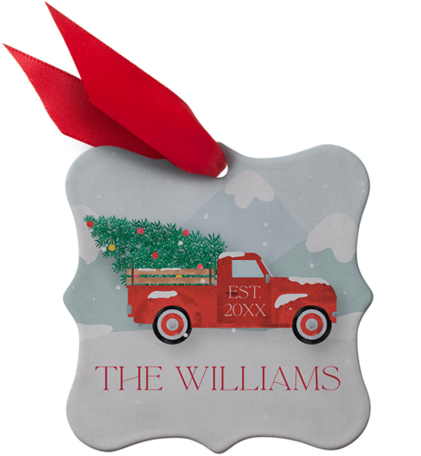 Red Truck Family Name Metal Ornament, Red, Square Bracket