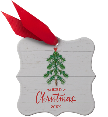 Rustic Merry Christmas Tree Metal Ornament, Beige, Square Bracket