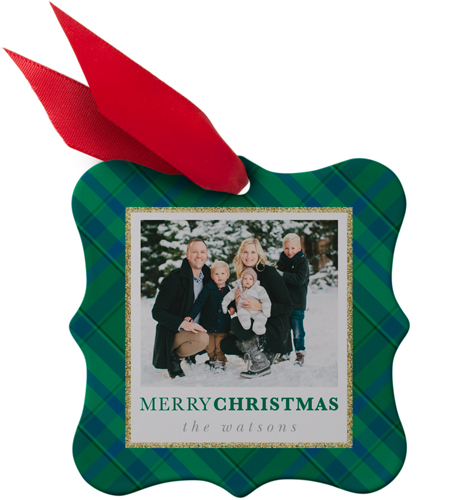 Merry Christmas Green Plaid Metal Ornament, Green, Square Bracket