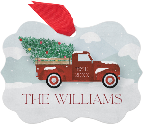 Red Truck Family Name Metal Ornament, Red, Rectangle Bracket, cabernet