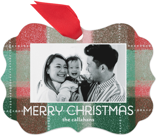 Textured Christmas Plaid Metal Ornament, White, Rectangle Bracket, white