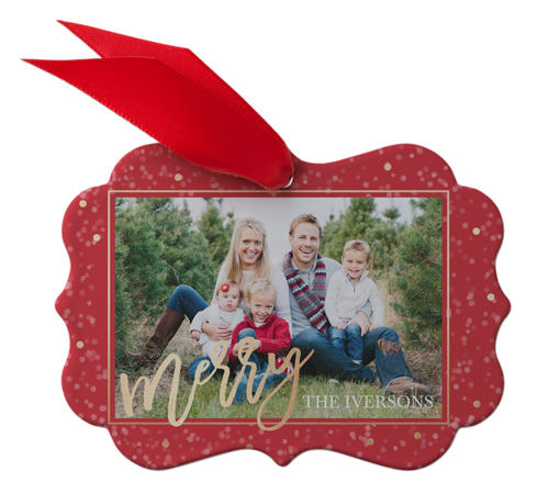 Merry Confetti Metal Ornament, Red, Rectangle Bracket