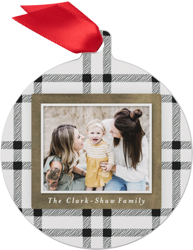 Simple Rustic Plaid Metal Ornament, Black, Circle