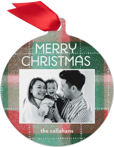 Textured Christmas Plaid Metal Ornament, White, Circle