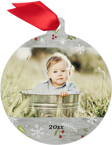 Rustic Holly Metal Ornament, Beige, Circle