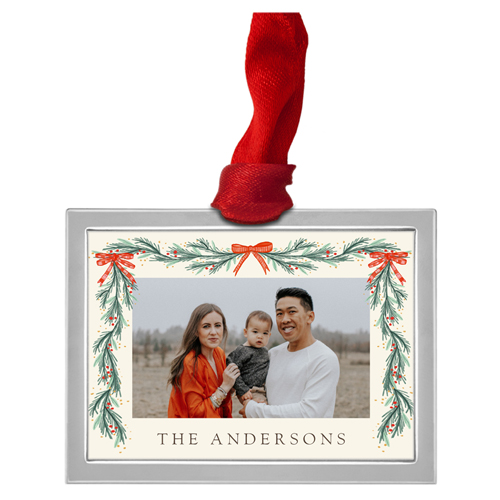 Bow Tied Garland Luxe Frame Ornament, Silver, Beige, Rectangle, antique white