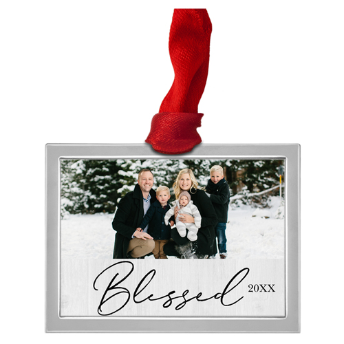 Modern Blessed Script Luxe Frame Ornament, Silver, Gray, Rectangle Ornament