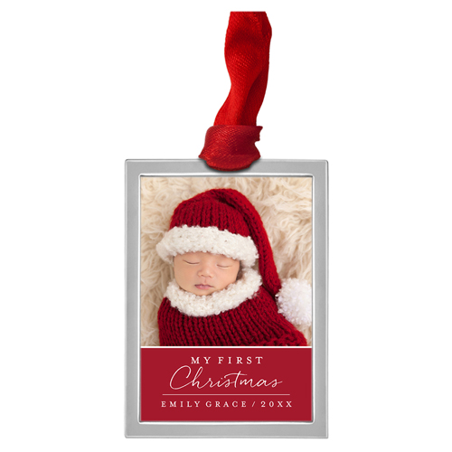 Baby's First Script Luxe Frame Ornament, Silver, Red, Rectangle
