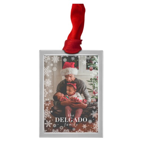 Snowflake Border Luxe Frame Ornament, Silver, White, Rectangle, white