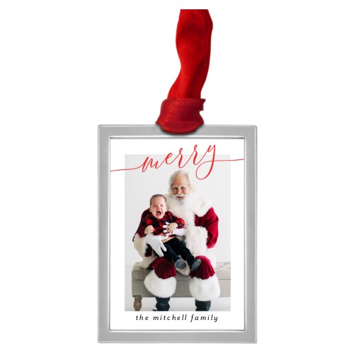 Bright Merry Script Luxe Frame Ornament, Silver, Red, Rectangle