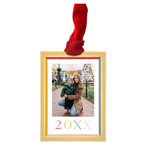 Merry Scallops Luxe Frame Ornament, Gold, White, Rectangle