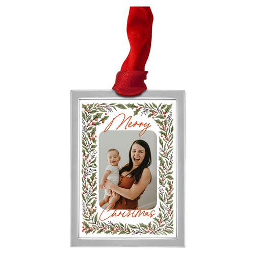 Holly Wreath Border Luxe Frame Ornament, Silver, White, Rectangle, white