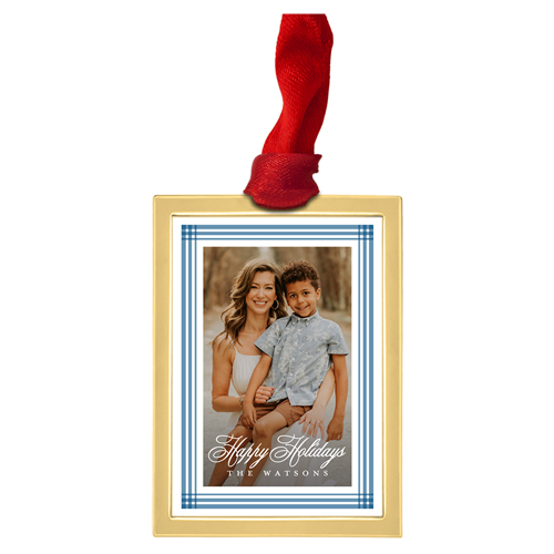 Simple Striped Border Luxe Frame Ornament, Gold, Blue, Rectangle, true blue