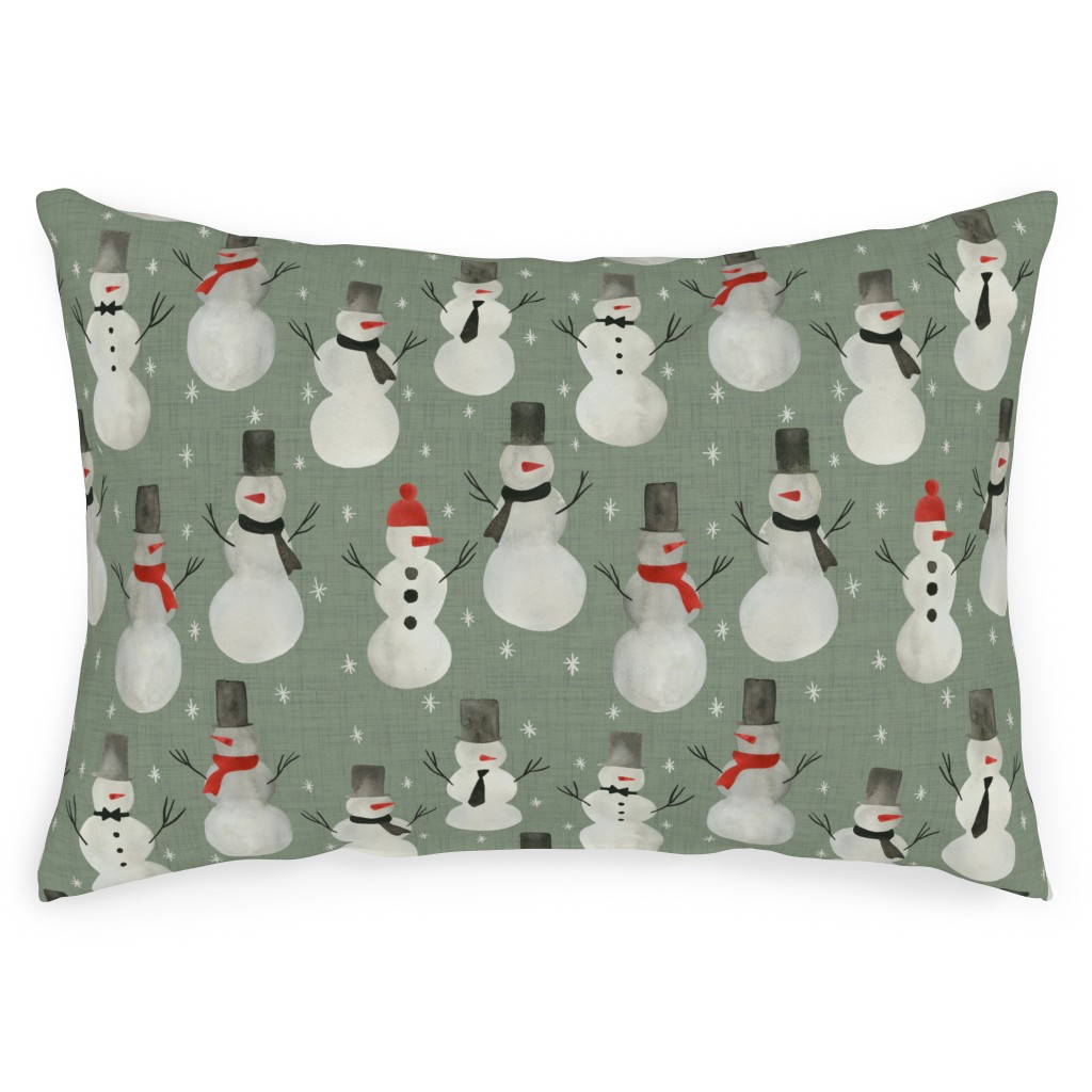 Watercolor Snowmen on Sage Outdoor Pillow, 14x20, Single Sided, Green