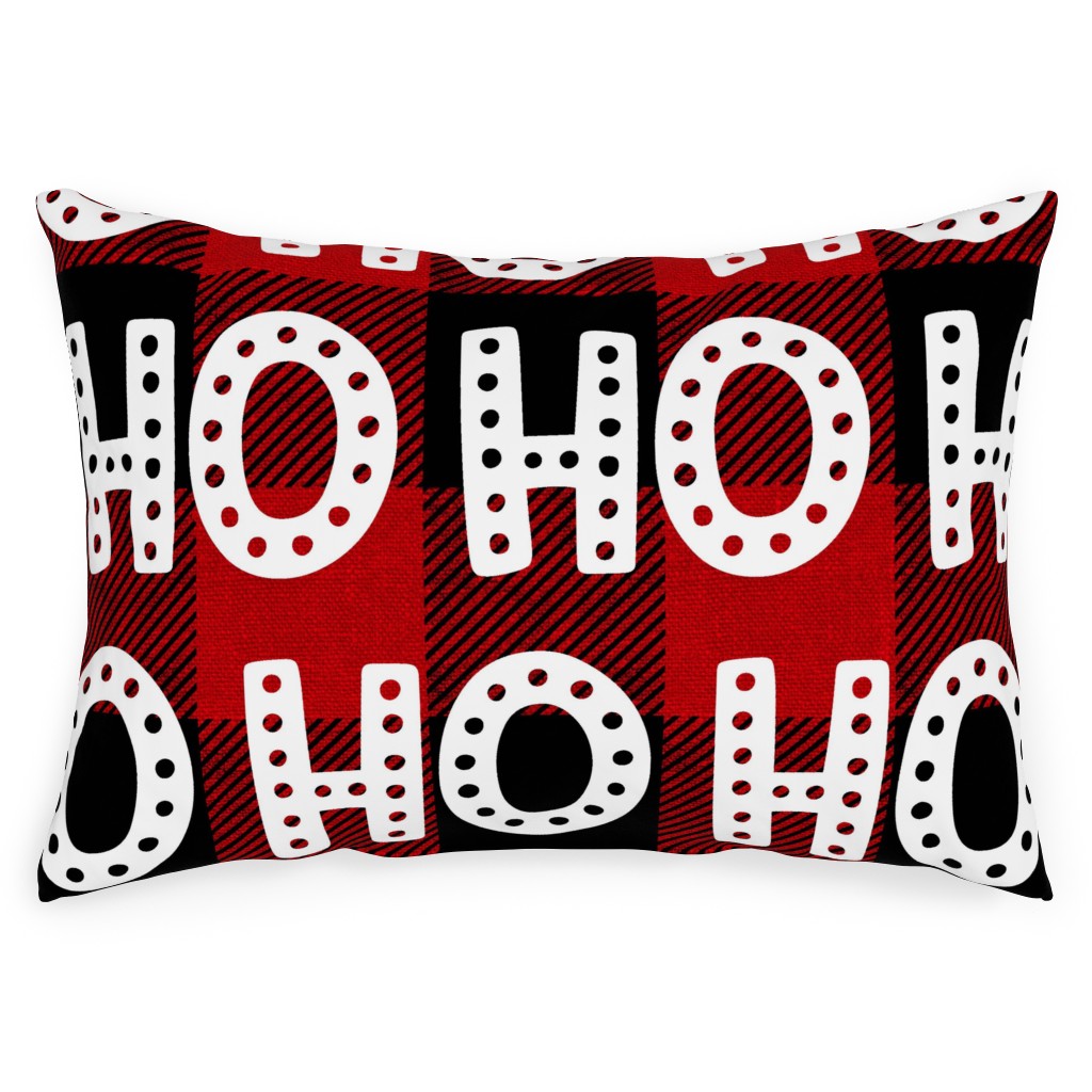 Buffalo Plaid Ho Ho Ho - Red and Black Outdoor Pillow, 14x20, Single Sided, Red