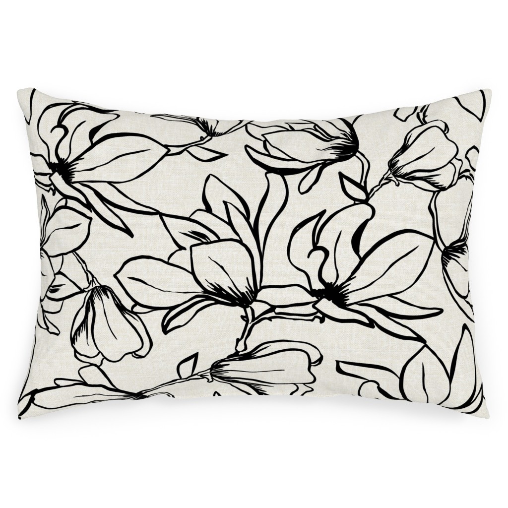Magnolia Garden - Textured - White & Black Outdoor Pillow, 14x20, Single Sided, Beige