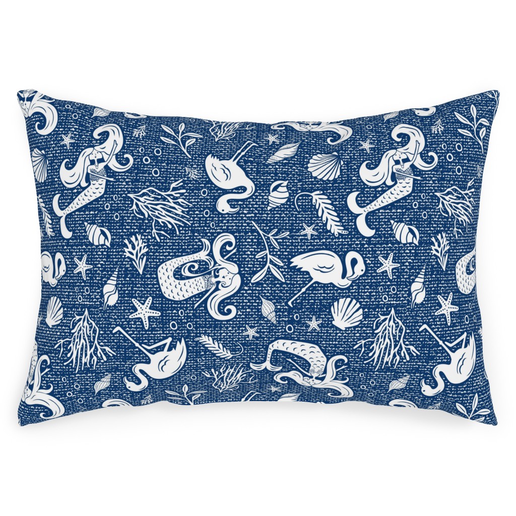 Beachy Keen Mermaid and Flamingo - Blue Outdoor Pillow, 14x20, Single Sided, Blue