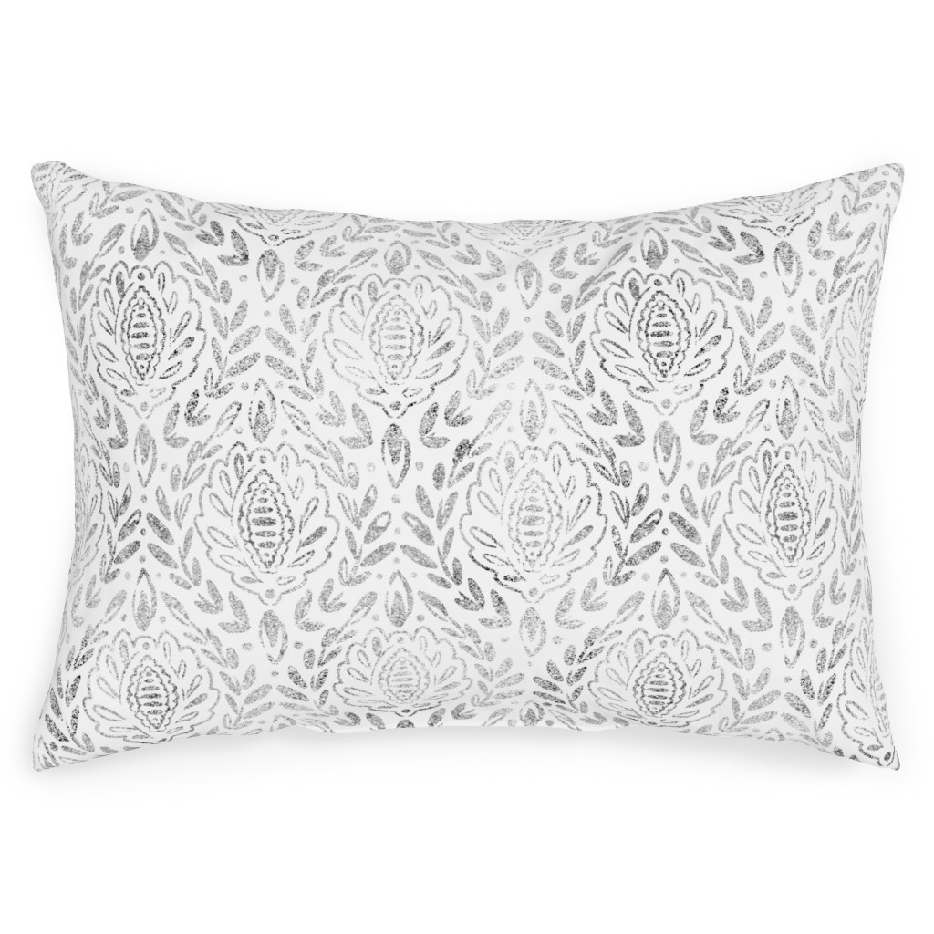 Distressed Damask Leaves - Grey Outdoor Pillow, 14x20, Single Sided, Gray