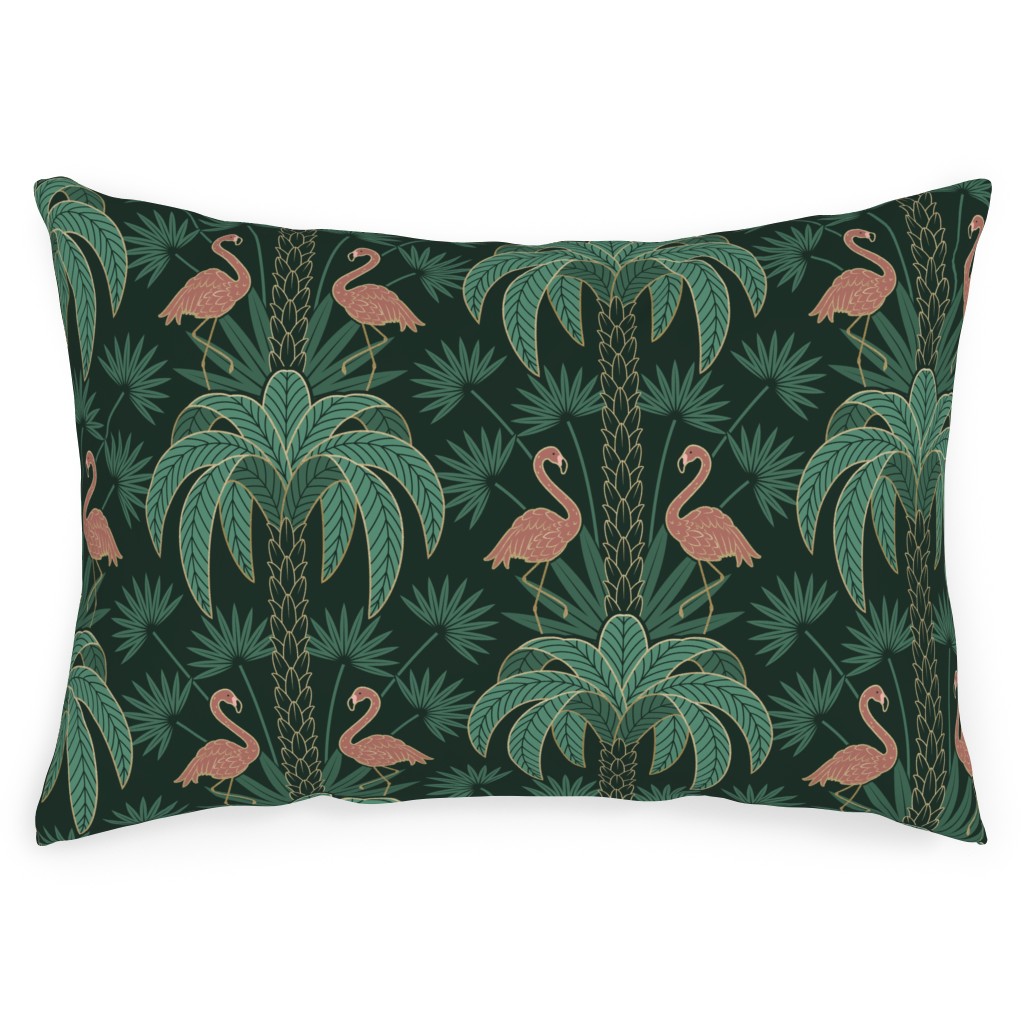 Palm Trees and Flamingos Deco Tropical Damask - Green Outdoor Pillow, 14x20, Single Sided, Green