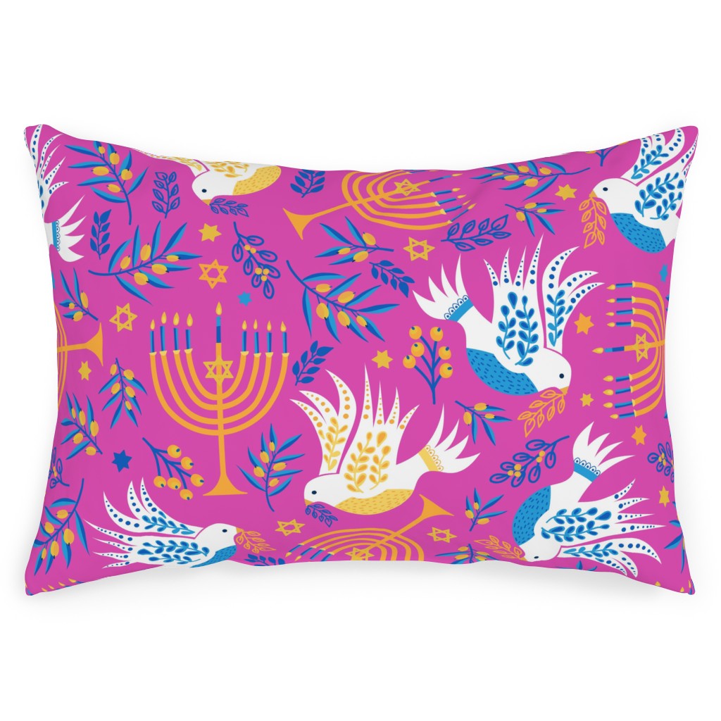 Hanukkah Birds Menorahs Outdoor Pillow, 14x20, Single Sided, Pink